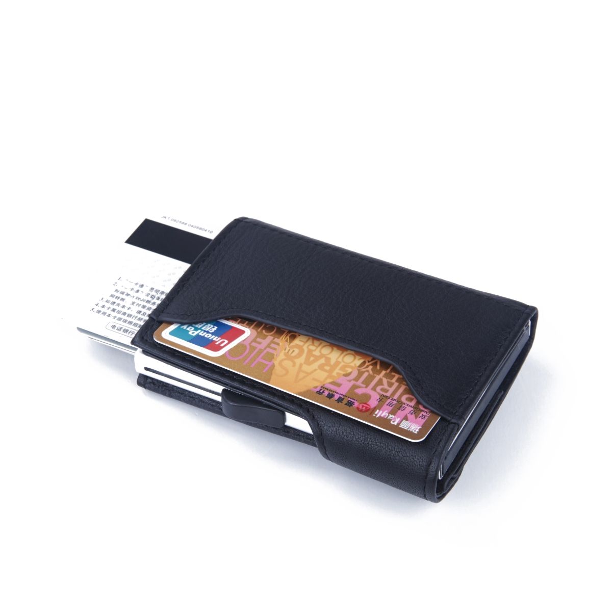 C-Secure Aluminum Card Holder with Genuine Leather - Black